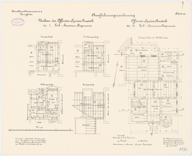 Ein detaillierter architektonischer Grundriss des ehemaligen Bundeskanzleramts in der Bundesrepublik Deutschland, der detaillierte Zeichnungen und Texte enthält, die den Aufbau des Gebäudes beschreiben.