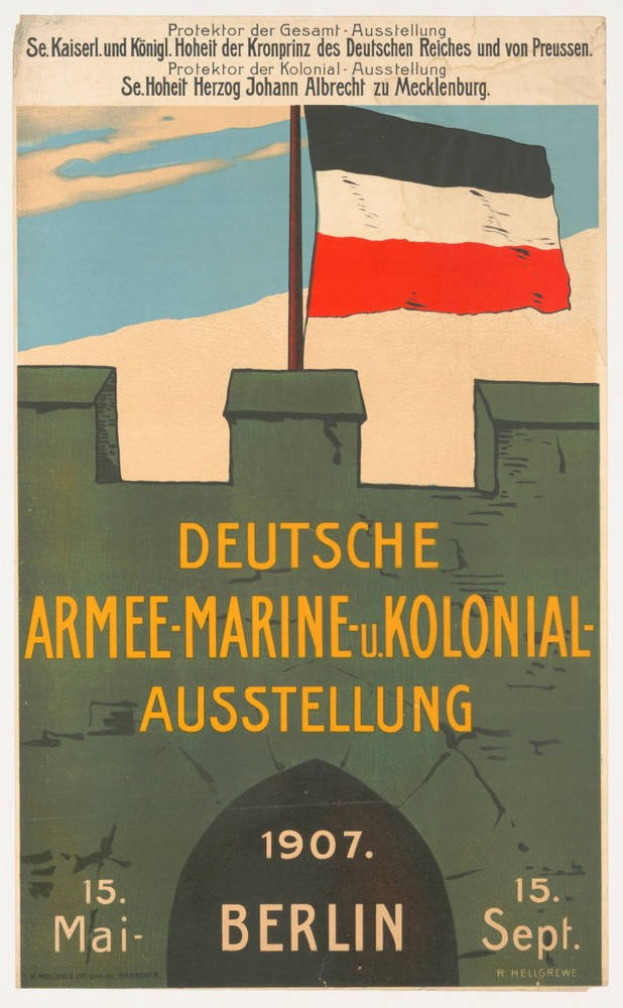 Deutsches Flagge mit einem schwarzen Doppeladler in der Mitte auf rot, gelb und weißen horizontalen Streifen.