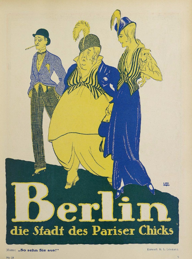 Plakat für ein Berlin-Konzert mit dem Titel "Berlin - Die Stadt des Pariser Chicks", das eine Gruppe von Menschen in bunter Kleidung vor einem Gebäude zeigt