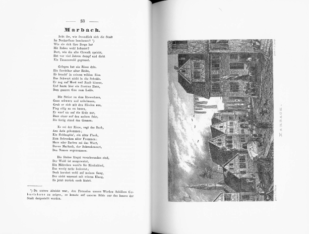 Ein aufgeschlagenes Buch mit dem Titel "Die Geschichte Deutschlands", das eine Schwarz-Weiß-Illustration einer Stadtlandschaft mit Gebäuden, Menschen und Himmel zeigt, begleitet von Text.