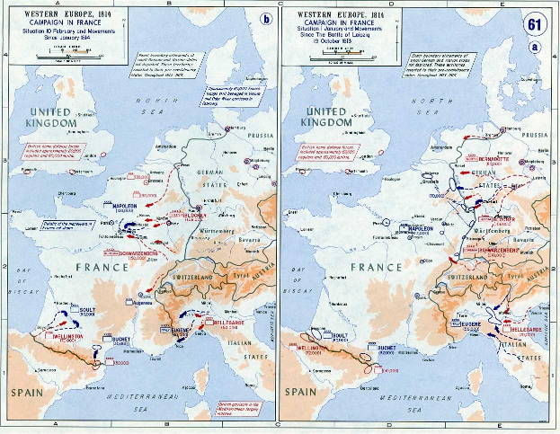 Eine historische Posterkarte von Europa während der Schlacht von Leipzig, unterteilt in Abschnitte für Europa und Frankreich, mit beschrifteten Regionen und Konfliktangaben.