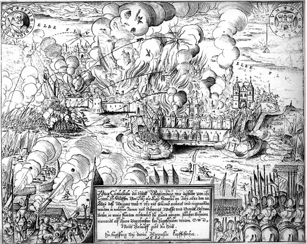 Eine Schwarzweiß-Radierung einer Schlachtenszene während der Belagerung von Stuttgart im Jahr 1631 mit Menschen im Vordergrund, Gebäuden in der Mitte und Text unten.