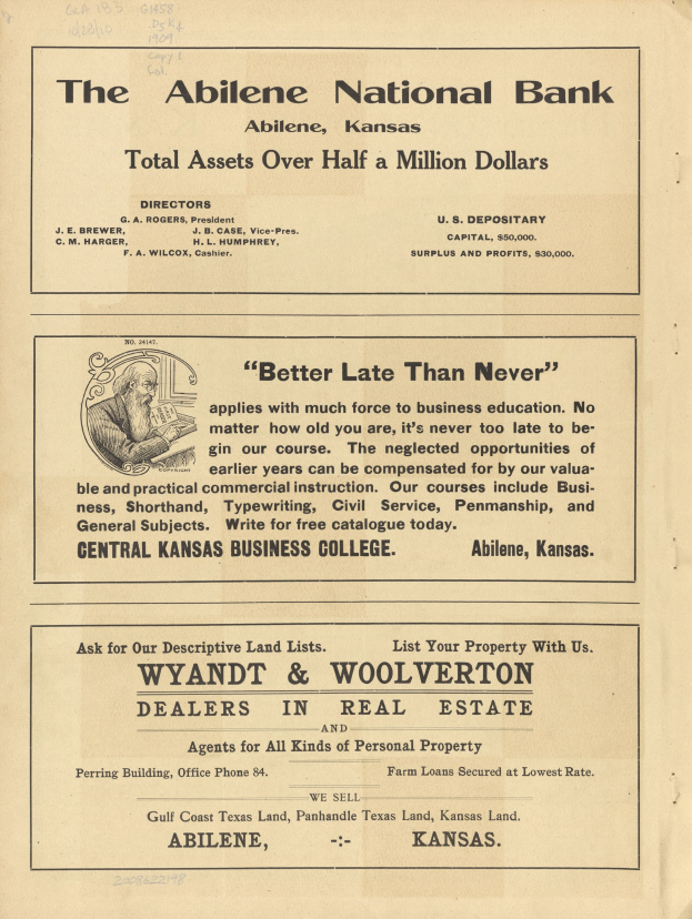 Schwarze-weiße Zeitungsanzeige für die Abilene National Bank mit einem zentralen Porträt und umgeben von Text, der die Dienstleistungen beschreibt.