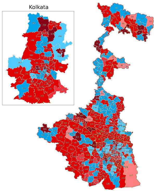 Farbcodierte Karte von Kolkata, Indien, zeigt Bevölkerungsverteilung in Prozent, mit "Kolkata Wahl-Ergebnisse"-Text oben.
