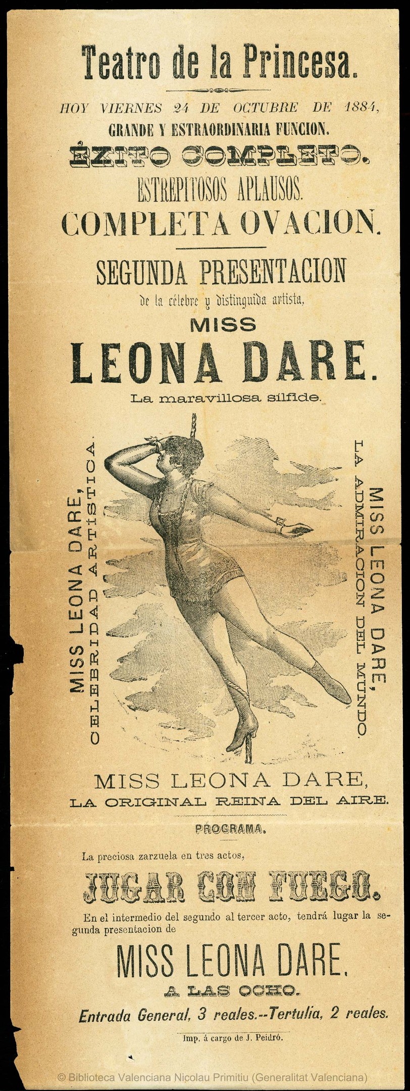 Ein Vintage-Plakat für das Teatro de la Princesa, das eine Frau in einem langen, hochgeschlossenen Kleid mit ausgestreckten Armen vor einem tiefblauen Nachthimmel mit Sternen zeigt.