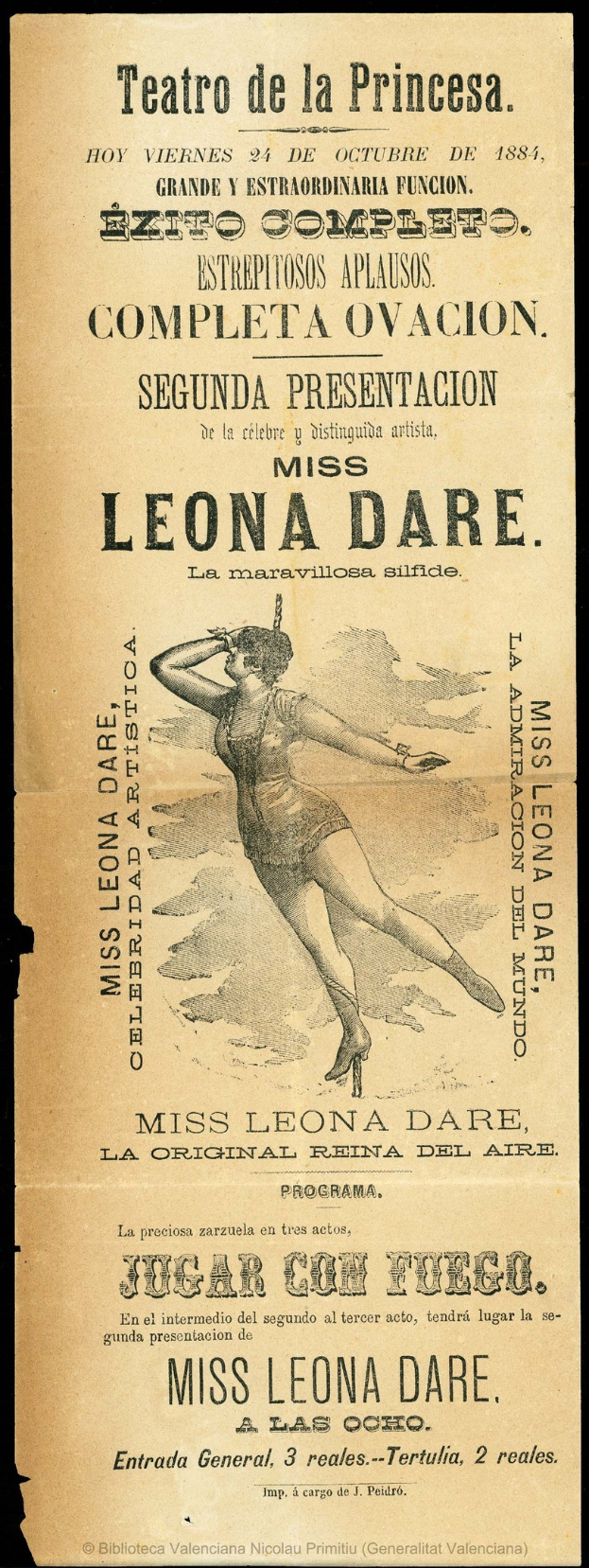 Ein Vintage-Plakat für das Teatro de la Princesa, das eine Frau in einem langen, hochgeschlossenen Kleid mit ausgestreckten Armen vor einem tiefblauen Nachthimmel mit Sternen zeigt.