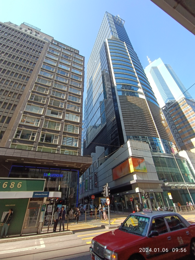 Roter Wagen auf einer von Hochhäusern gesäumten Stadtstraße, Fußgänger auf dem Gehweg, Verkehrsampeln, Schilder und Namenskennzeichen, mit dem Himmel im Hintergrund.