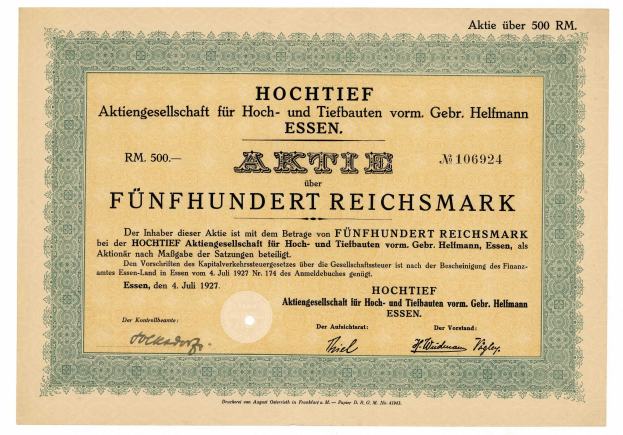 Ein altes deutsches Aktienzertifikat mit gr"uner Umrandung und gedrucktem Text.