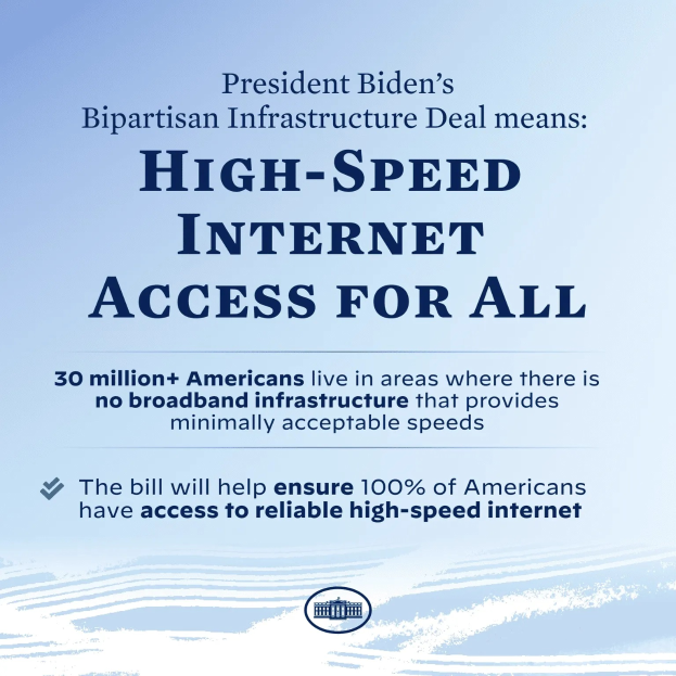 Ein Plakat mit fetter, schwarzer Schrift auf einem weißen Hintergrund, das "Präsident Bidens bipartisaner Infrastrukturdeal bedeutet High-Speed-Internet-Zugang für alle" lautet.