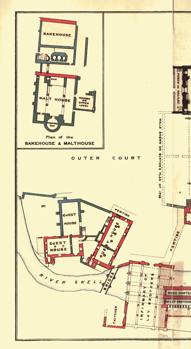 Ein altes Gebäude mit mehreren Zimmern und einem Haus, das Text enthält, der den Aufbau beschreibt.