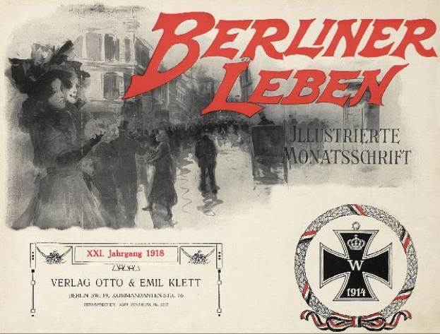 Altes Buchcover mit dem Titel "Berliner Leben", das eine Gruppe von Menschen in einer feierlichen Umgebung und ein deutsches militärisches Logo zeigt.