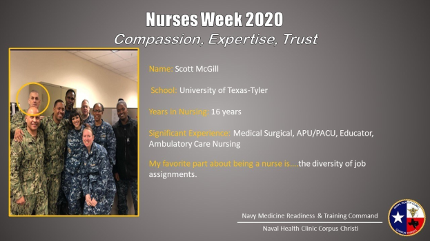 Gruppe von Menschen, die auf der linken Seite lächeln, mit Text, der "Nurses Week 2020: Mitgefühl, Expertise, Vertrauen" lautet, und einem Logo auf der rechten Seite.