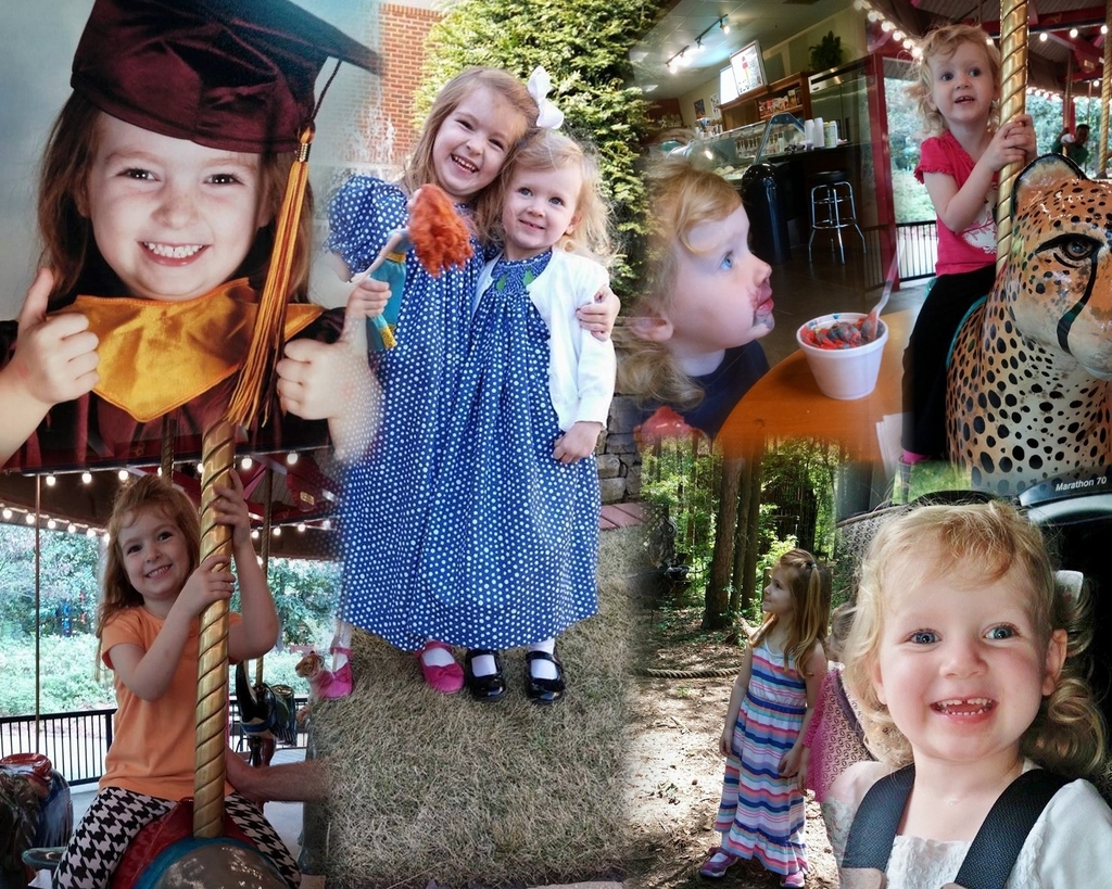 Ein Collage-Bild mit Vergnügungspark-Fahrgeschäften, einem Tisch mit Speisen, Besteck und verschiedenen Gegenständen vor einer Kulisse aus Grünpflanzen, Lichtern und einer Wand.