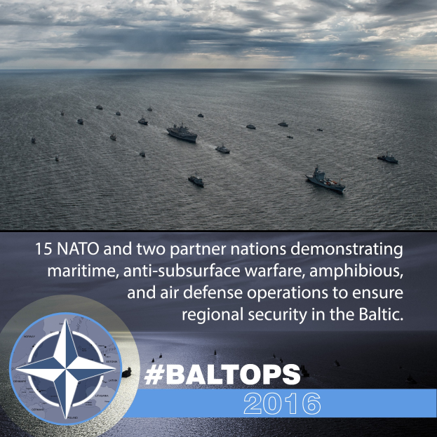 Gruppe von Schiffen auf dem Wasser mit bewölktem Himmel, mit Text und Logo über NATO-Meer- und Luftverteidigungsoperationen im Baltikum.
