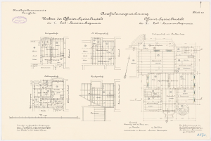 Ein detaillierter architektonischer Grundriss des ehemaligen Bundeskanzleramts in der Bundesrepublik Deutschland, der den Gebäudeaufbau mit Plänen und Textanmerkungen zeigt.