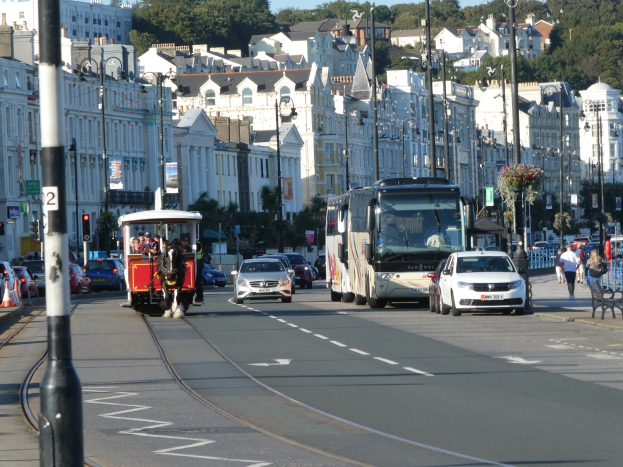 Vollständige Stadtstraße mit hohen Gebäuden, Fahrzeugen, Fußgängern, Verkehrsampeln, Laternen, Straßenschildern, Bäumen und einem klaren blauen Himmel.