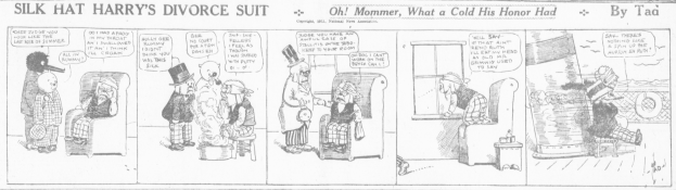 Comic-Strip betitelt 'Silk Hat Harry's Divorce Suit' mit einem Mann in einem schwarzen Anzug mit weißem Hemd und schwarzer Krawatte und einer Frau in einem eleganten Kleid mit schwarzem Schal, beide mit ernsten Gesichtern.