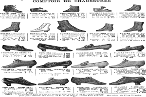 Eine Buchseite mit verschiedenen Damenschuhen in einzigartigen Designs, jede mit detaillierten Informationen wie Größe, Form, Farbe und Preisetikett, sauber in Reihen angeordnet.