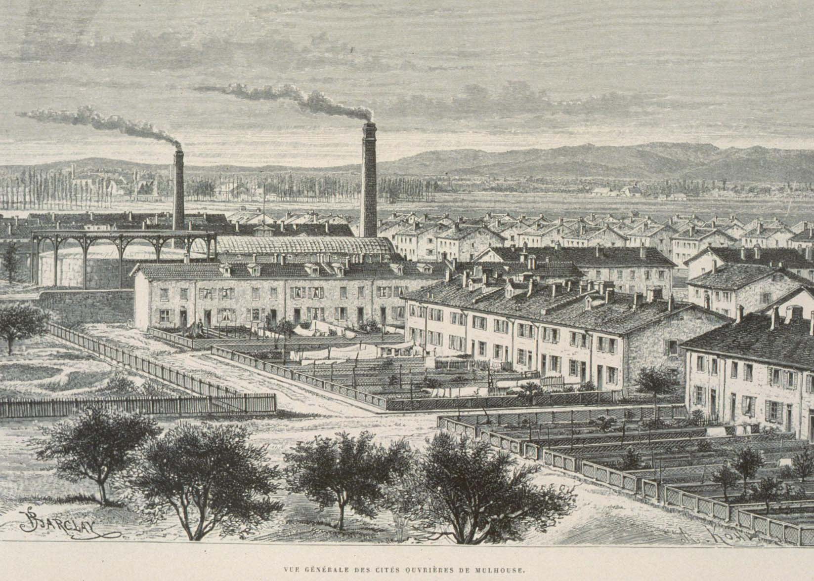 Schwarz-weisse Illustration einer futuristischen Stadt mit Geb├Ąuden, B├Ąumen, Gras, Masten, einer Brücke und rauchenden Schornsteinen, vor Hügeln und einem bew├Âlktem Himmel, mit der ├ťberschrift "Barclay, die Stadt der Zukunft" unten.