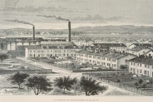 Schwarz-weisse Illustration einer futuristischen Stadt mit Geb├Ąuden, B├Ąumen, Gras, Masten, einer Brücke und rauchenden Schornsteinen, vor Hügeln und einem bew├Âlktem Himmel, mit der ├ťberschrift "Barclay, die Stadt der Zukunft" unten.