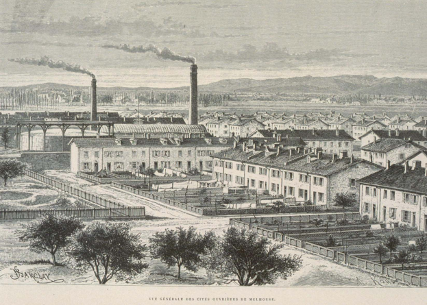 Schwarz-weisse Illustration einer futuristischen Stadt mit Geb├Ąuden, B├Ąumen, Gras, Masten, einer Brücke und rauchenden Schornsteinen, vor Hügeln und einem bew├Âlktem Himmel, mit der ├ťberschrift "Barclay, die Stadt der Zukunft" unten.