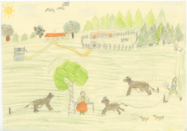 Ein Kinderbild einer Hofszene auf Papier, das detaillierte Tiere, Menschen, grüne Bäume, kleine Häuser, fliegende Vögel und eine strahlende Sonne zeigt.