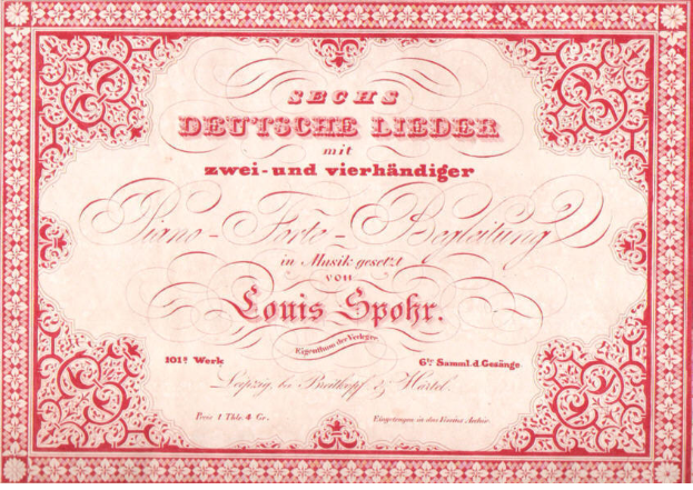 Ein altes deutsches Wertpapier mit rotem Rand und weißem Hintergrund, das den Text 'Louis Spohr - Zweites Deutsches Lieder' trägt.