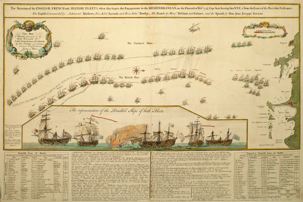 Ein Papier, das eine Karte der britischen und spanischen Flotte im Mittelmeer zeigt, mit mehreren Schiffen im Hintergrund und begleitendem Text, der die Schiffe detailliert.