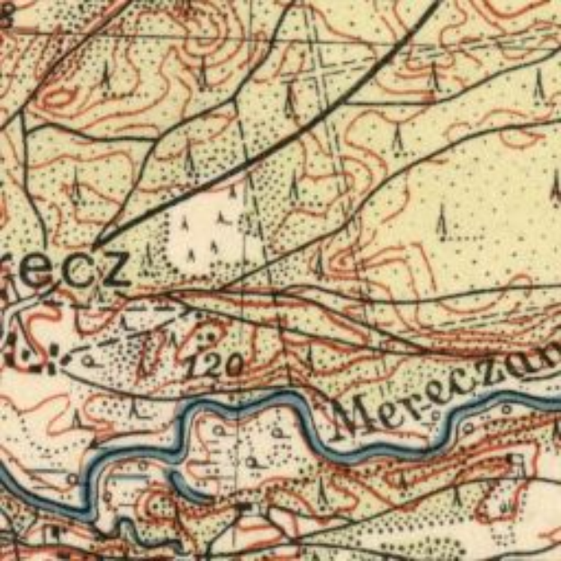 Eine alte topografische Karte der Stadt Mercz, Polen, mit verschiedenen topografischen Merkmalen und Texten und Zahlen.