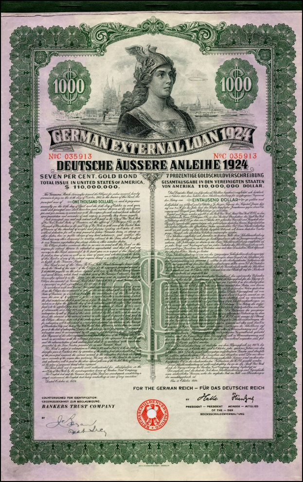 Deutsches Auslandsdarlehen-Zertifikat aus dem Jahr 1924 mit einem Porträt einer Frau, mit gedrucktem Text und numerischer Benennung.