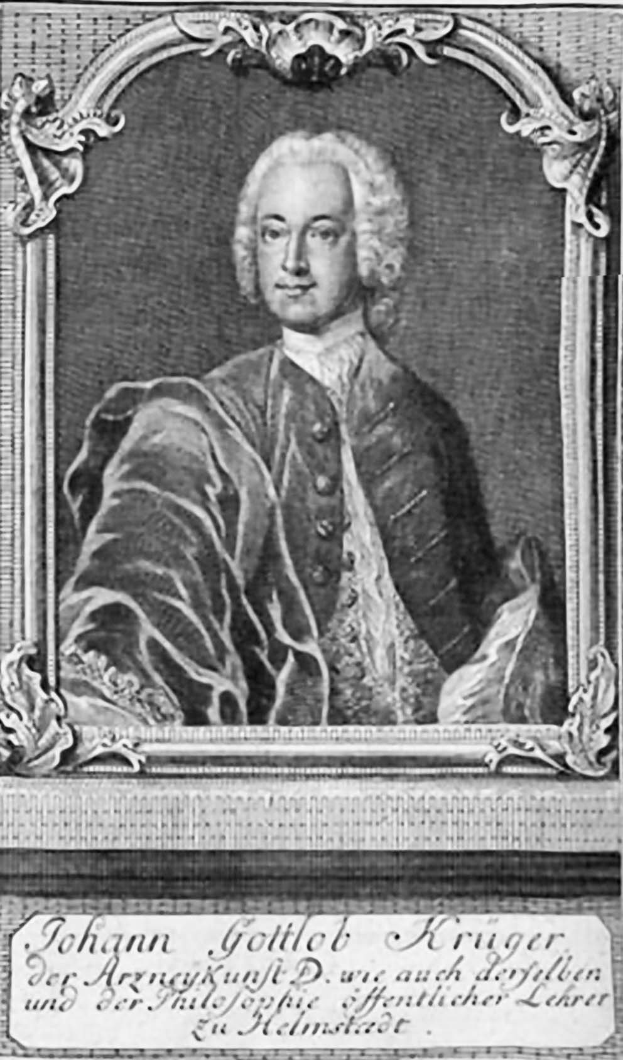 Ein Schwarz-Weiß-Porträt von Johann Gottlieb Kruger, einem deutschen Komponisten, der einen Mantel trägt, mit Text am unteren Bildrand.