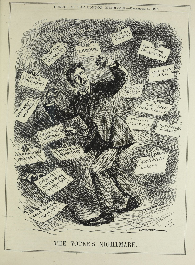 Ein Blatt Papier mit einer Zeichnung eines Mannes im Anzug, der ein Schild mit der Aufschrift "Der Albtraum des Wählers" hält, das Entschlossenheit mit fetter Schrift und selbstbewusster Haltung vermittelt.