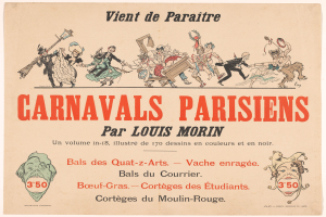 Ein Papier mit der Überschrift "Carnivals Parisiens par Louis Morin" in fetter Schrift, das farbenfrohe, detailreiche Entwürfe von Menschen in bunten Karnevalskostümen und Masken zeigt.