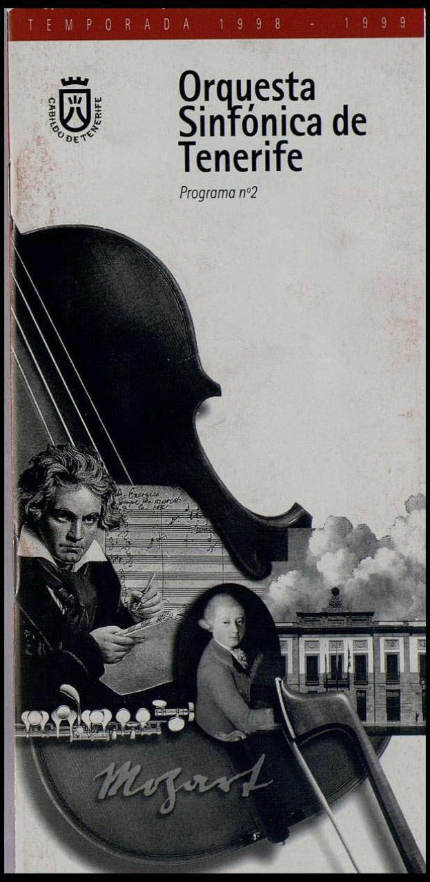 Plakat für das zweite Programm des Symphonieorchesters Teneriffa, das Mozarts Symphonie Nr. 2 in D-Moll, Op. 63, mit Geigerinnen vorne und einem Gebäude im Hintergrund zeigt.