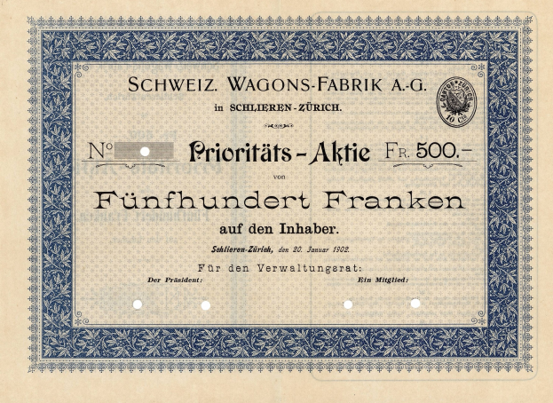 Deutsches Aktienzertifikat für "Schweiz Wagons-Fabrik A.G." mit blauem Rand und gedrucktem Text.