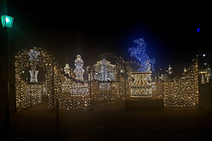 Eine nächtliche Parkszene mit Weihnachtslichtern in dekorativer Anordnung, beleuchtet von einer Straßenlaterne links.
