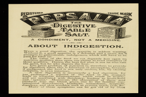 Werbung für Pepsi's Digestive Table Salt mit weißem Hintergrund, blauem Rand und Logo, mit fetter schwarzer Schrift und einem Raster von Boxenbildern.