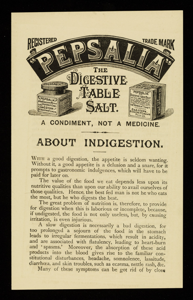 Werbung für Pepsi's Digestive Table Salt mit weißem Hintergrund, blauem Rand und Logo, mit fetter schwarzer Schrift und einem Raster von Boxenbildern.
