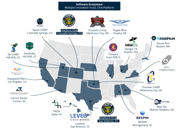 Eine Karte der Vereinigten Staaten, auf der Unternehmenslogos und Texte die Standorte von Software-Ökosystem-Unternehmen angeben.