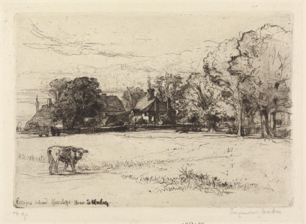 Eine Zeichnung eines Bauernhofs mit einer Kuh, die im Vordergrund grast, umgeben von Bäumen und Häusern im Hintergrund, mit dem Text "Hütten in der Nähe von Harlep, Haus S. Madigan" unten.