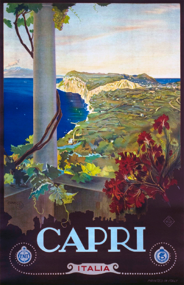 Ein Plakat, das eine Weinprobe in Capri, Italien, ankündigt, mit einem Baum mit grünen Blättern, einer Säule, einem Gewässer, sanften Hügeln und einem hellblauen Himmel, mit Text, der die Weinprobe beschreibt.