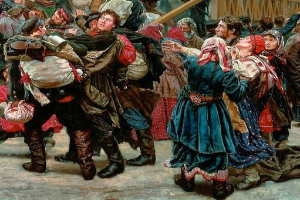 Gemälde von Menschen, die in traditioneller russischer Kleidung tanzen und Gegenstände halten, vor einer Menge mit einem hölzernen Haus im Hintergrund, das eine lebhafte Szene aus der russischen Revolution hervorruft.