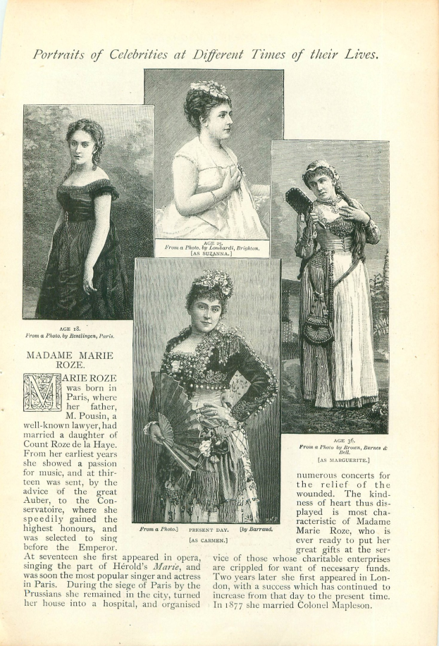 Altes Buchcover mit dem Titel "Porträts von Prominenten zu verschiedenen Zeiten ihres Lebens" mit einer zentralen Illustration einer Frau in einem hochgeschlossenen, langärmeligen Kleid mit einem Dutt.