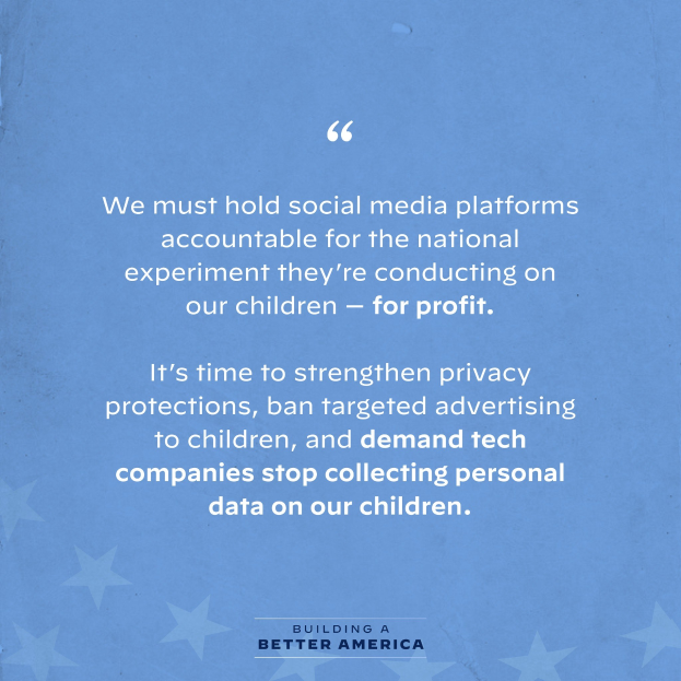 Plakat mit einem Zitat aus Building a Better America, das besagt, dass soziale Medien für das Experiment, das sie an Kindern durchführen, zur Rechenschaft gezogen werden sollten, dekoriert mit Sternen.