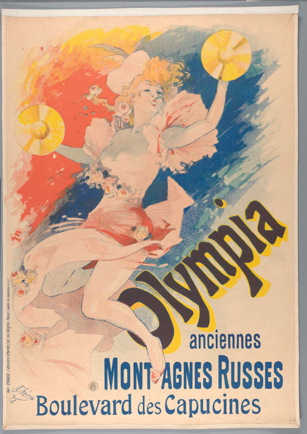 Ein Plakat, das die Olympischen Spiele in Mont-Agnes-Russes, Frankreich, bewirbt, zeigt eine Frau mit einem menschlichen Gesicht, die ein farbenfrohes Kleid trägt und einen Fächer hält, mit Text, der das Ereignis beschreibt.
