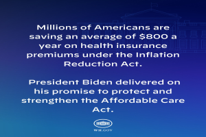 Blauer Hintergrund mit weißer Schrift, die besagt, dass Millionen von Amerikanern durchschnittlich $800 pro Jahr an Gesundheitsversicherungsprämien unter dem Inflation Reduction Act sparen, mit einem Logo.