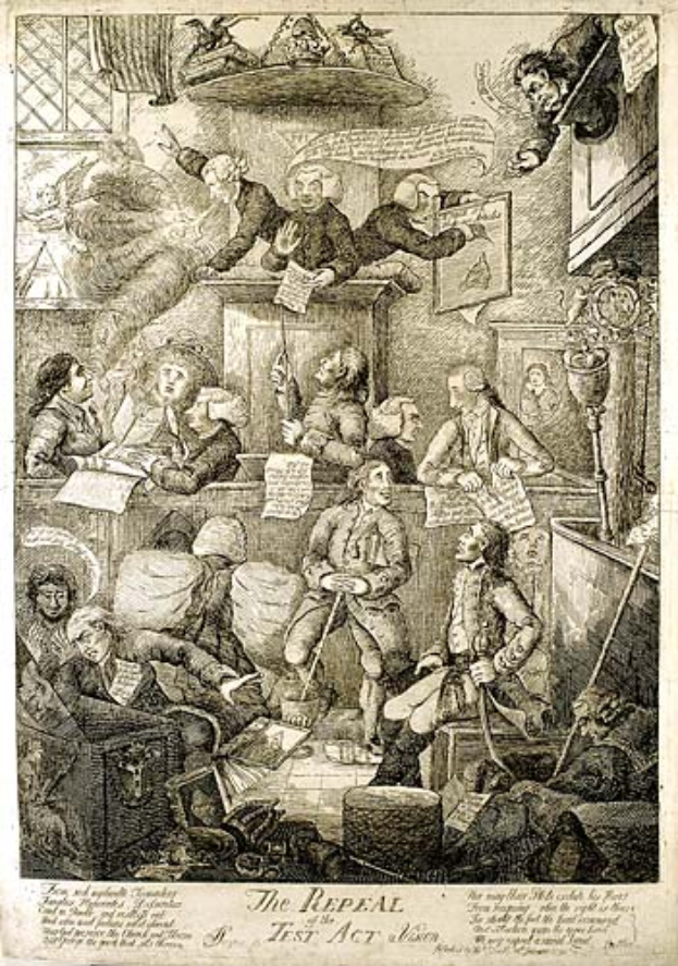 Ein Gravur von einer Gruppe von Menschen, die um einen Tisch in einem Raum sitzen, einige halten Papiere mit der Inschrift "Die Aufhebung des Testaments" unten.