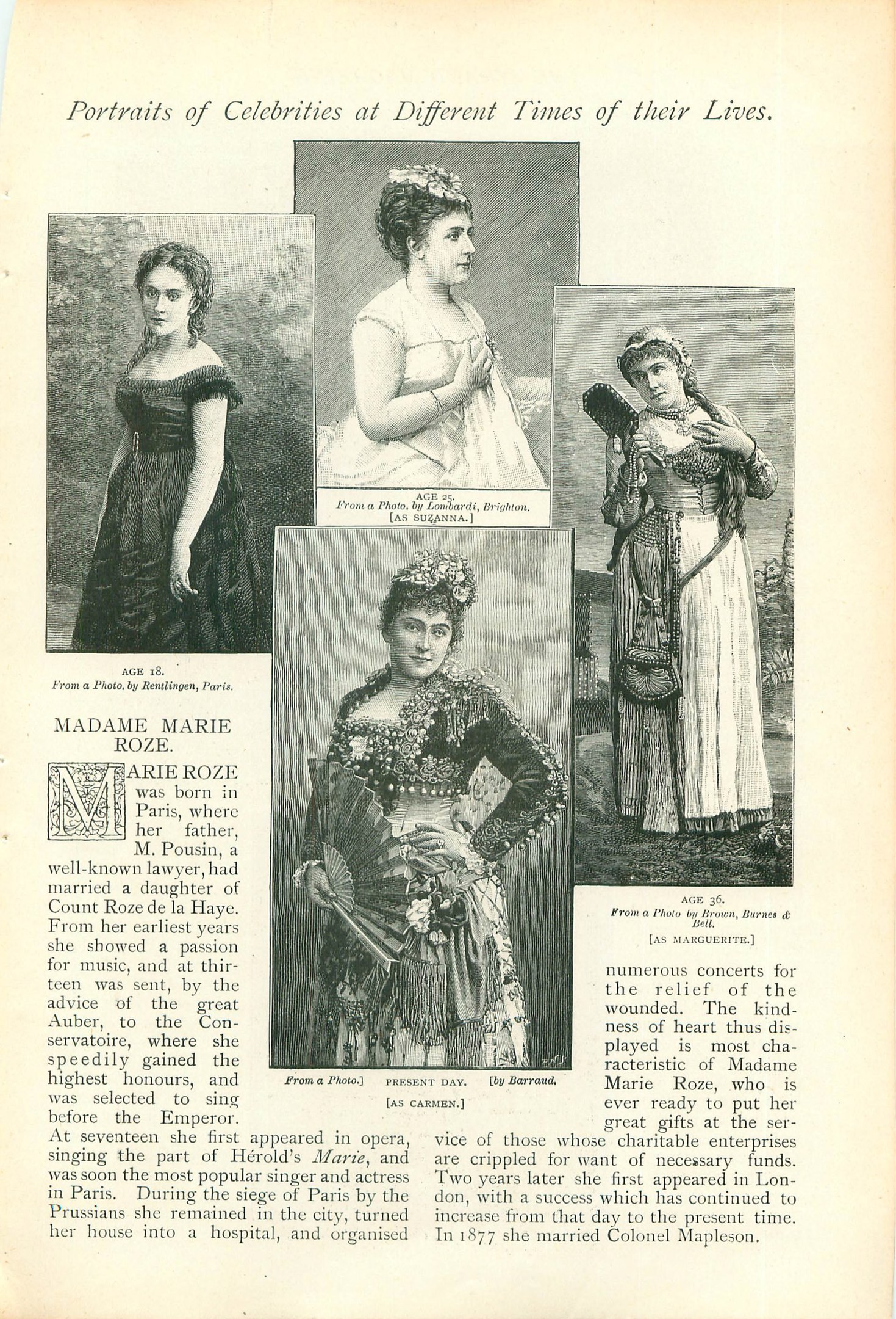 Ein antikes Buch mit dem Titel "Porträts von Promis zu verschiedenen Zeiten ihres Lebens" mit Illustrationen von Frauen in langen, hochgeschlossenen Kleidern und Haaren im Dutt.