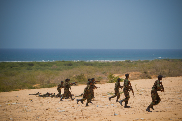 Gruppe von Soldaten rennt über einen sandigen Strand, einige tragen Waffen, mit Vegetation, Wasser und Himmel im Hintergrund.