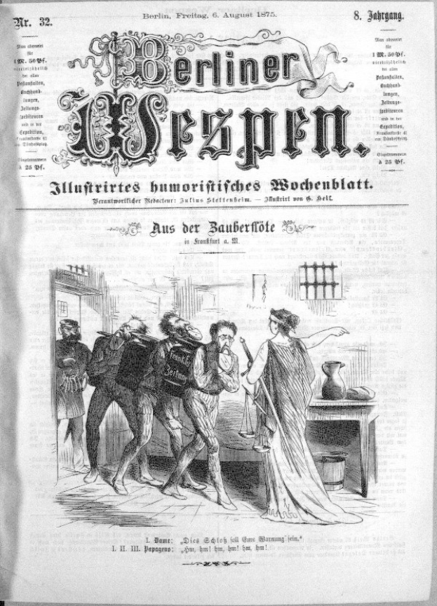 Schwarze und weiße Zeitung vom 'Berliner Wespen, 6. August 1875' mit einer besorgten Gruppe von Menschen, einige schauen ängstlich nach oben und andere verwirrt nach unten.